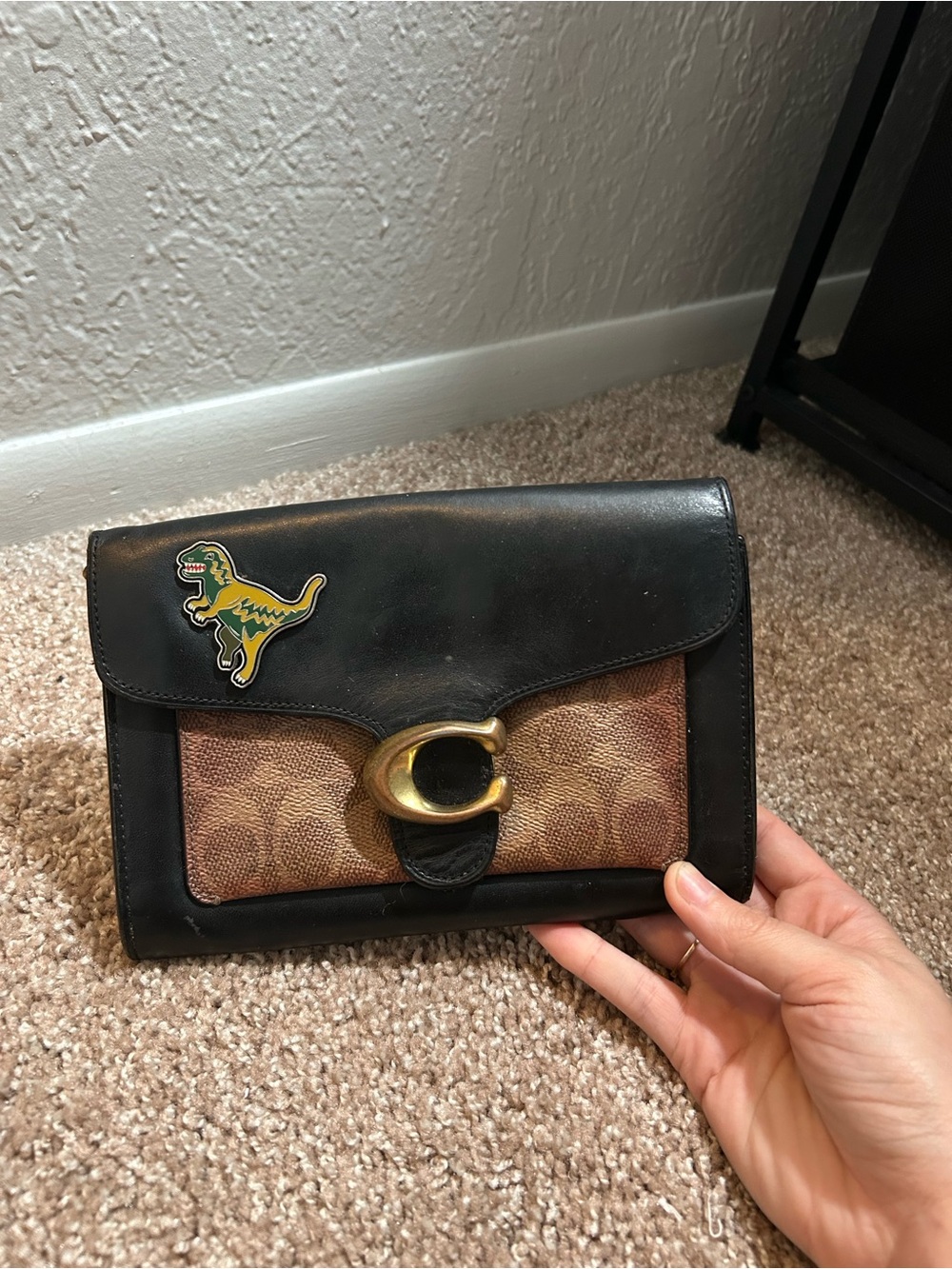 Coach Black Leather and Brown Signature Crossbody Wallet with Brass C-Clasp